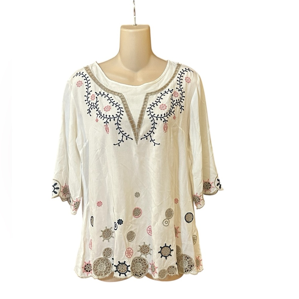 Solitaire by Ravi Khosla Boho Peasant‎ Top Floral Crochet Embroidered